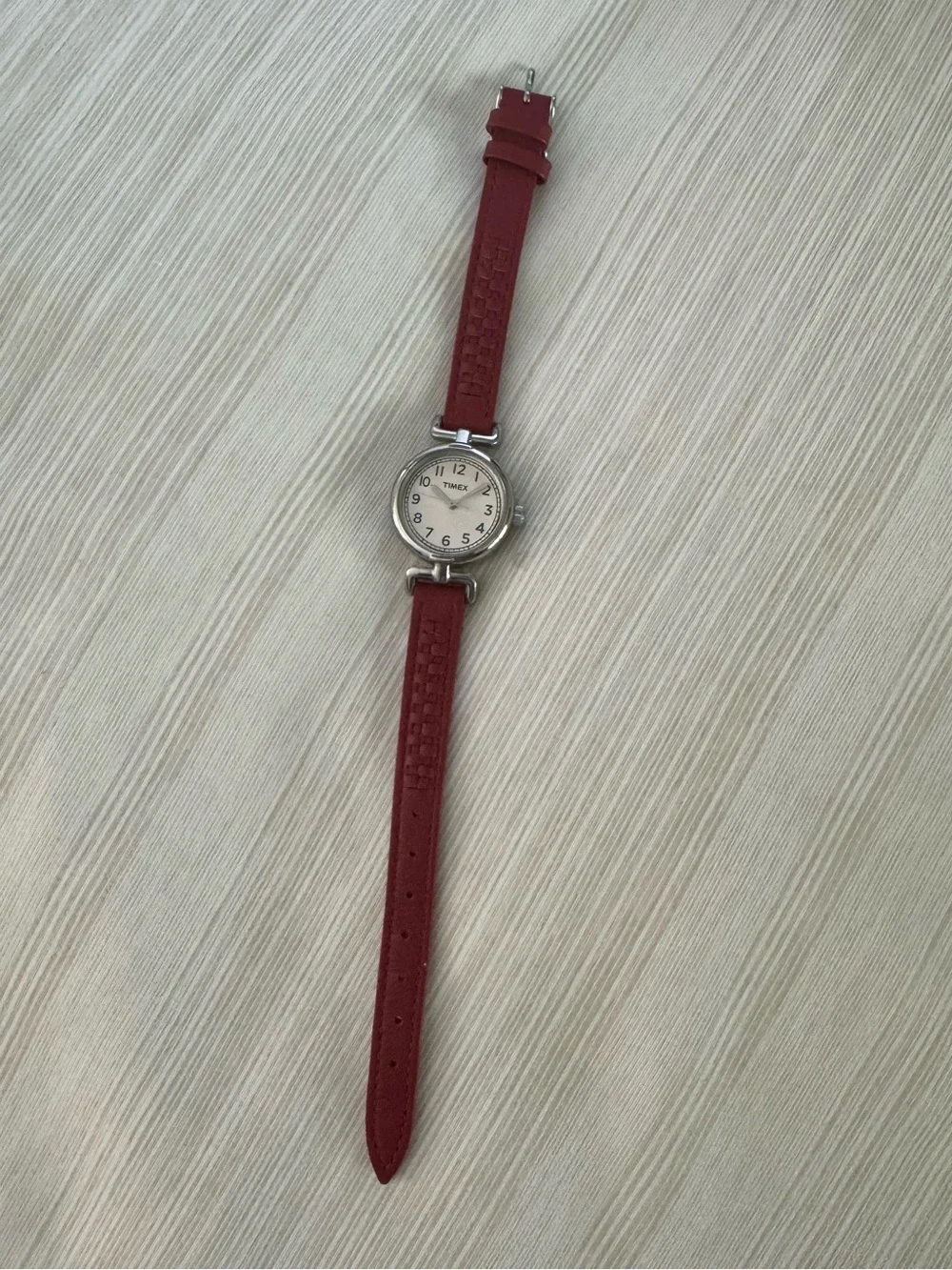 Vintage Timex Women's Red Leather Strap Silver Round Dial Watch